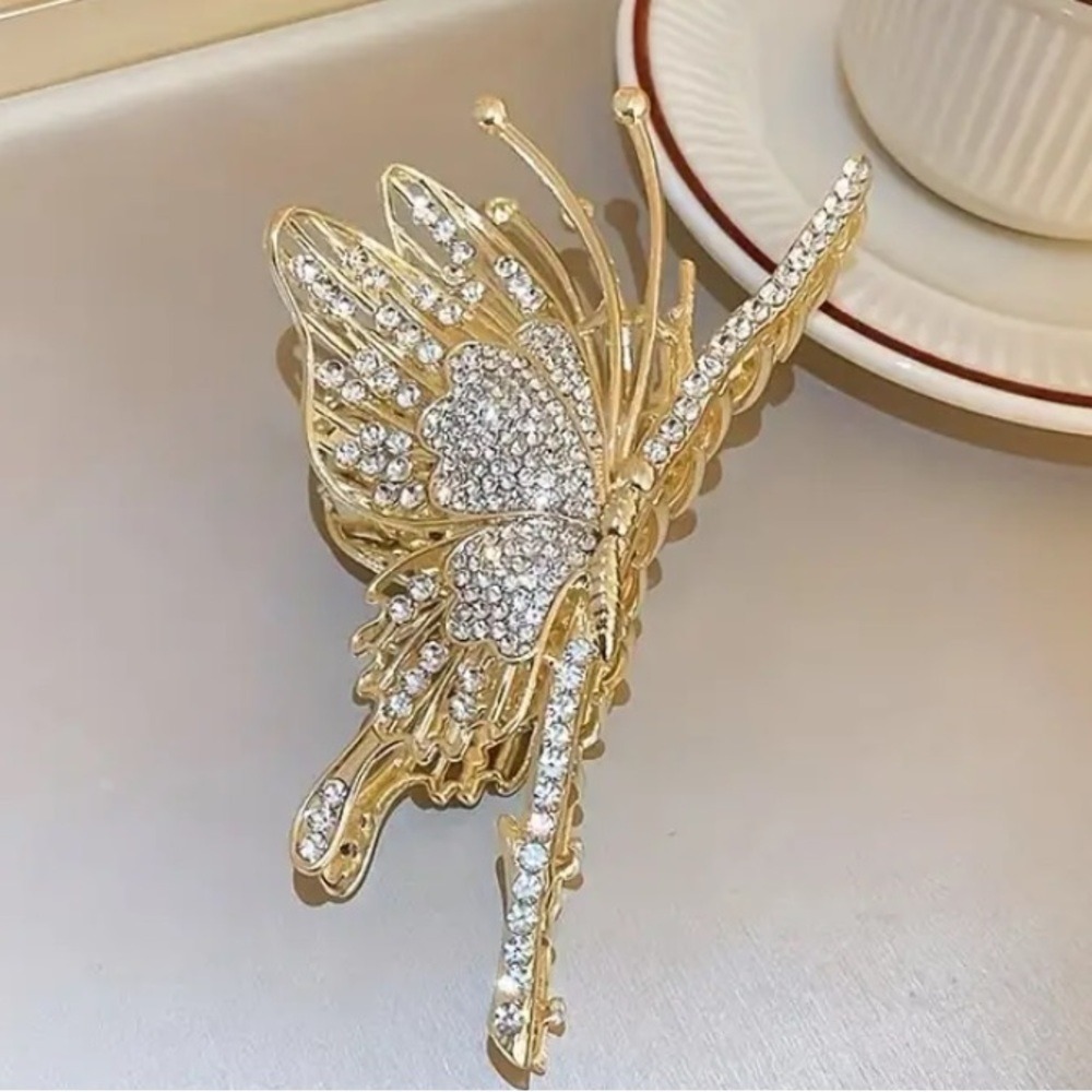 Metal Gold Butterfly Hair Claw Elegant Rhinestone Sparkly Everyday Accessory - Picture 4 of 7